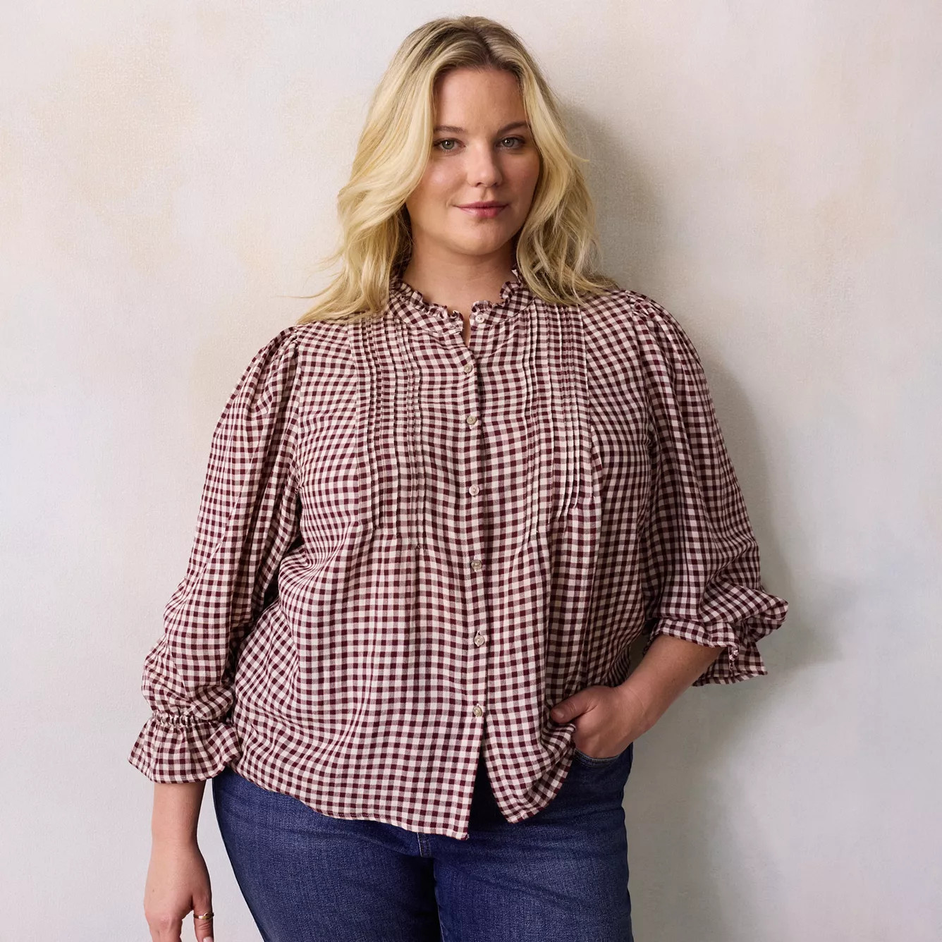 Plus Size LC Lauren Conrad V-Neck Long Sleeve Cascading Ruffle Front Top | Kohl's