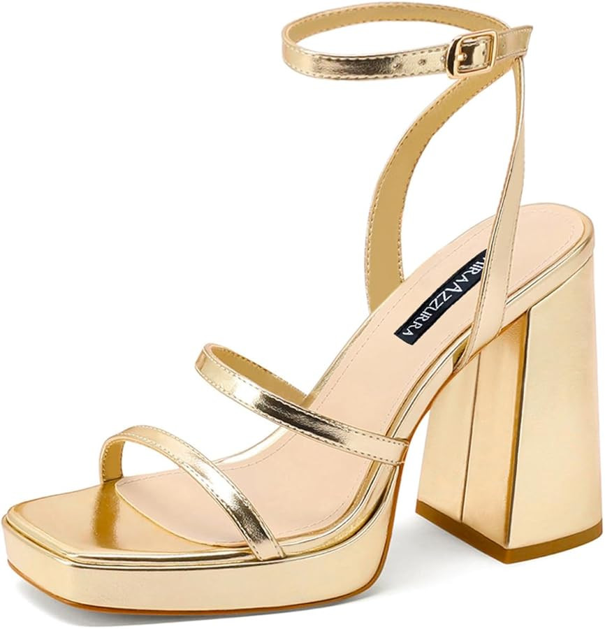 MIRAAZZURRA Platform Strappy Heel Sandals Square Open Toe Two Strap Chunky High Heeled Sandals wi... | Amazon (US)