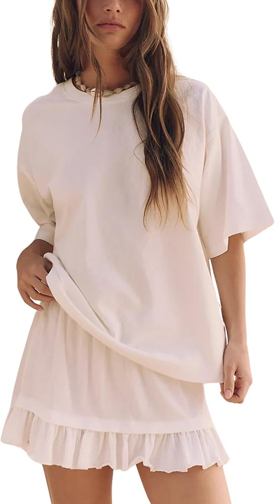 Esmeling Women Summer 2 Piece Skirt Sets Round Neck Short Sleeve Outfits Casual Tops and Pleated ... | Amazon (US)