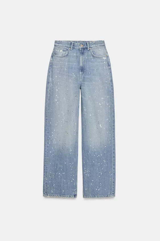 TRF HIGH-WAISTED STRAIGHT-LEG RHINESTONE JEANS | Zara US