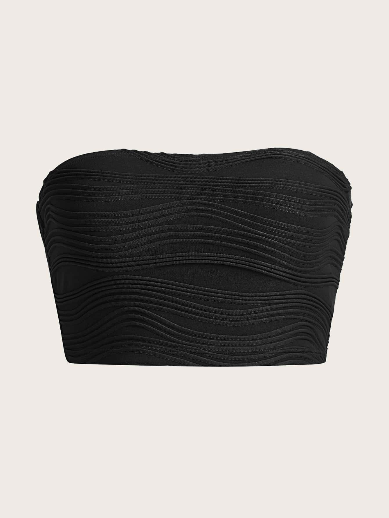 SHEIN EZwear Summer Black Solid Textured Crop Tube Top Strapless Top | SHEIN