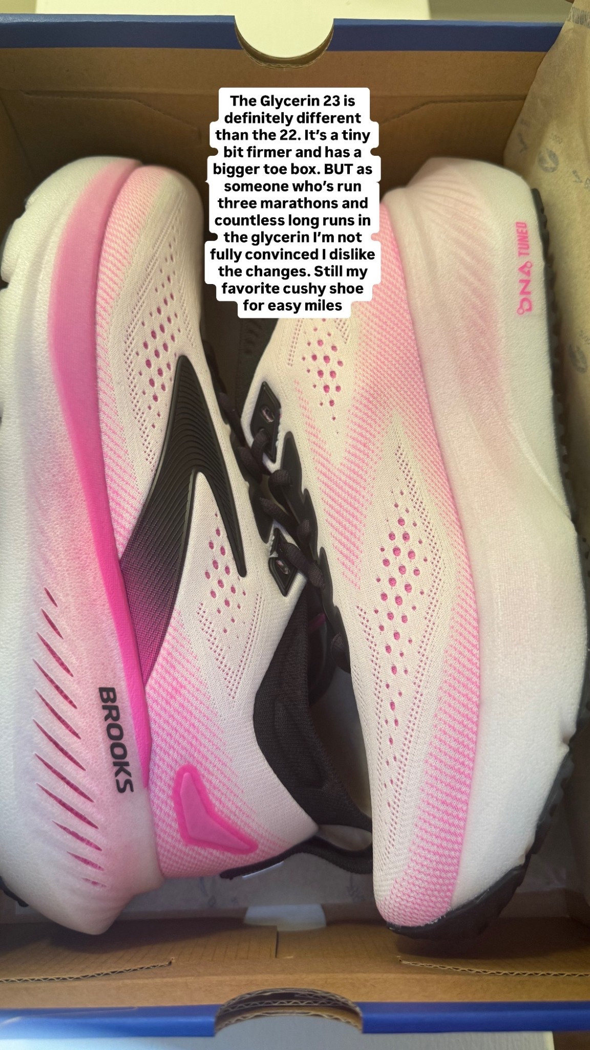 The Glycerin 23 is definitely different than the 22. It’s a tiny bit firmer and has a bigger toe box. BUT as someone who’s run three marathons and countless long runs in the glycerin I’m not fully convinced I dislike the changes. Still my favorite cushioned running shoe for easy miles 

#LTKActive #LTKfitnessgoals