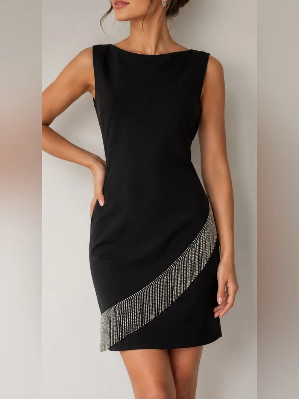 Eliza J Black Sheath Dress Rhinestone Fringe Sleeveless Cocktail Party Women 8 | Poshmark
