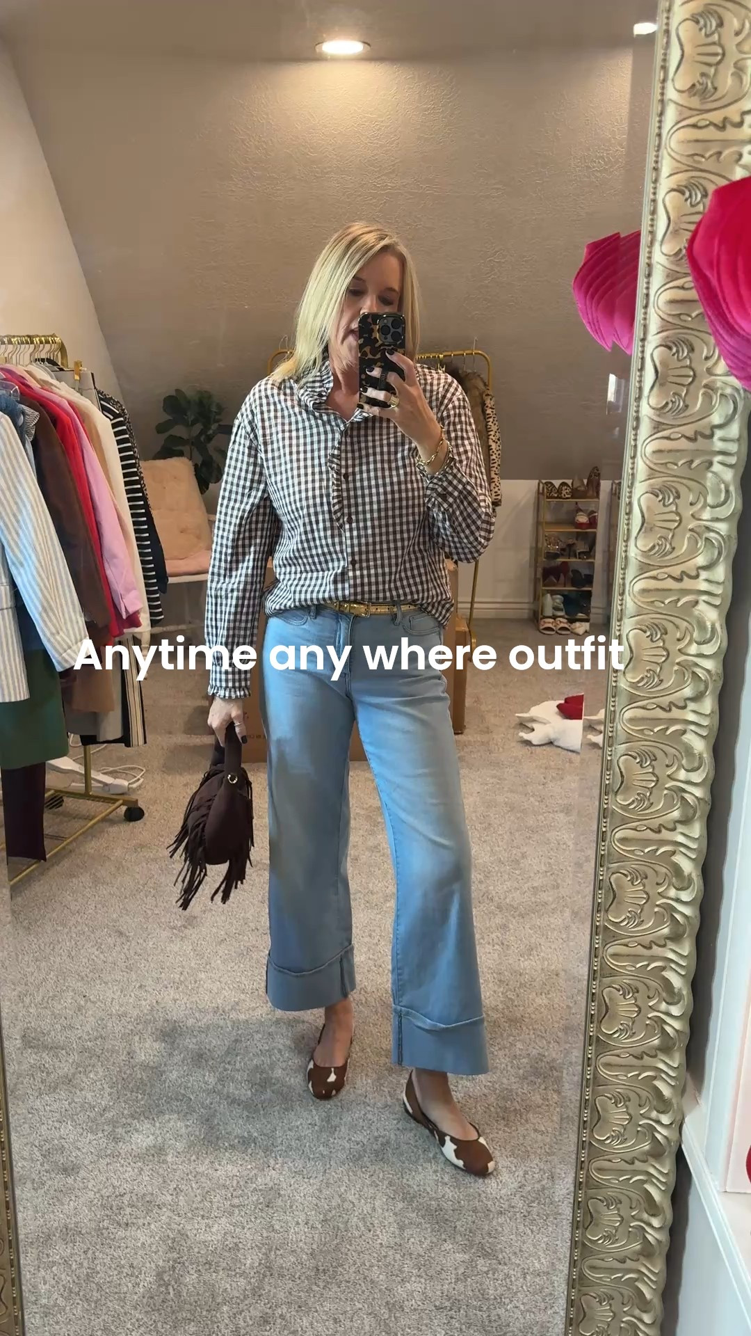 The wear any wear do anything outfit

Affordable finds
Shades of Brown, tan, Carmel 

A little country vibe with Gingham and denim✔️🍂

Perfect Fall outfit✔️ 2 looks 1 base

Gingham top with ruffle details 
Fits tts in med it’s the cutest top! I loved it so much I got it in 3 colors 

Light wash wide leg denim with large cuff WhbM tts 

Gold metallic belt loft

Cow print ballet flats Chicos 

Brown suede fringe bag  $30 

Amazon find soft knit peacoat 
Fits tts and would make a great gift

Suede collar embroidered horse hip length jacket ( bought at a boutique, not able to link .. links some items similar or tgat will give the same feel 

#LTKootd #LTKFindsUnder50 #LTKStyleTip