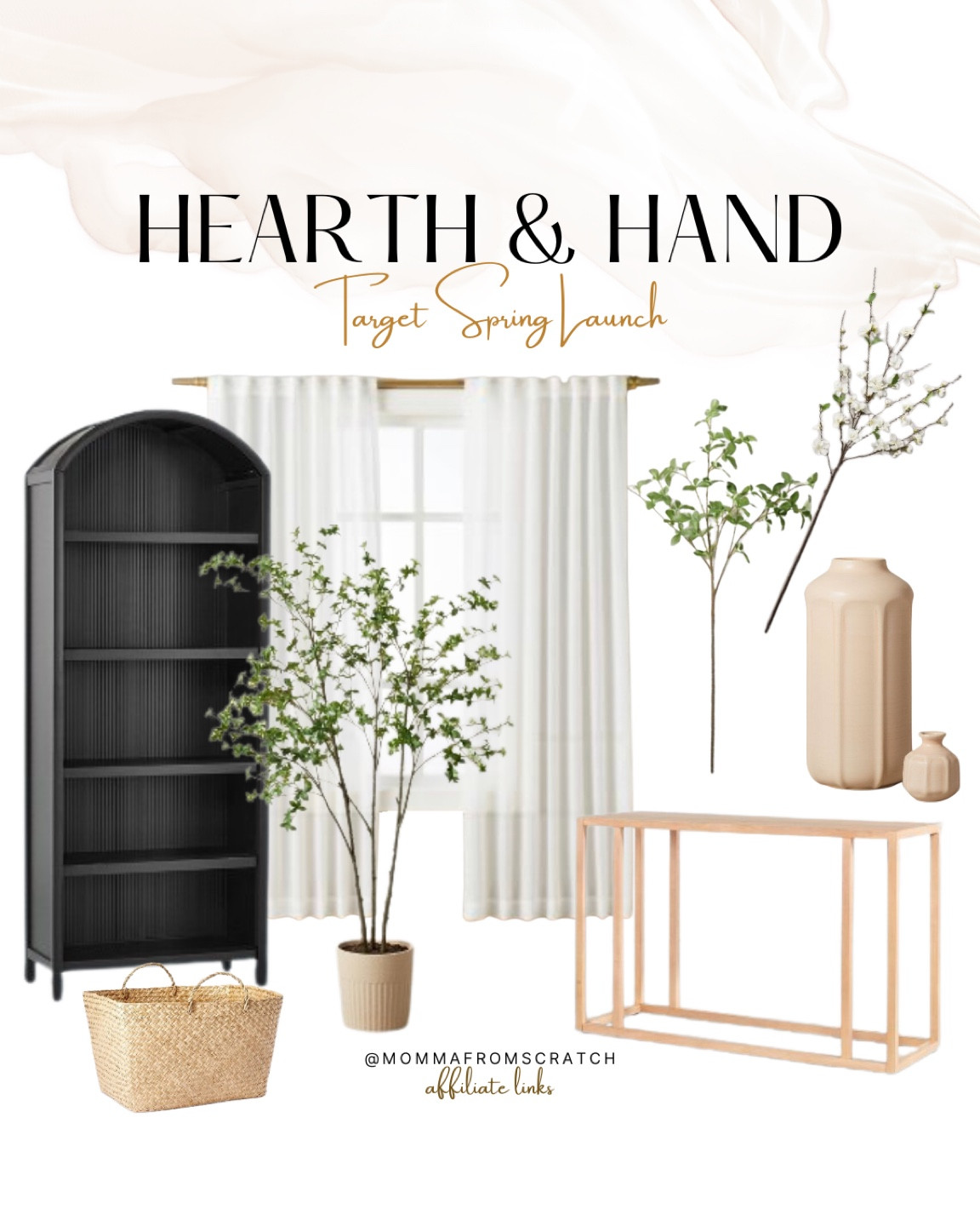 New hearth and hand, target magnolia decor, home decor, bookshelf, faux tree, console table, vase, greenery, linen drapes, curtains, basket, spring decor. 

#LTKSeasonal #LTKstyletip #LTKhome