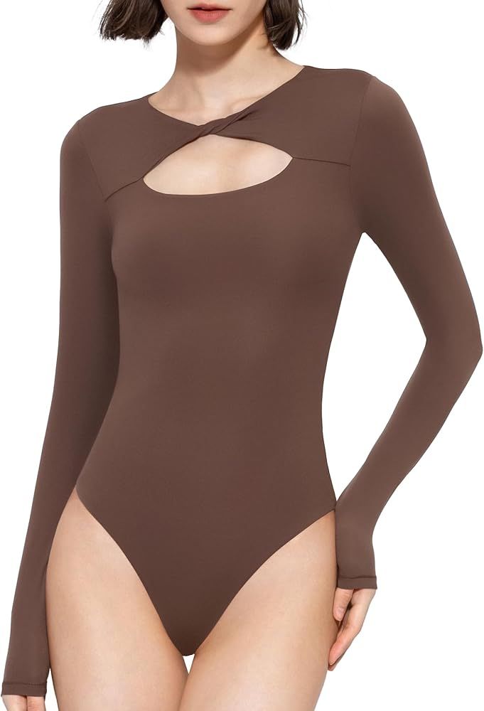 Women's Knot Front Long Sleeve Bodysuit Crew Neck Body Suits Sexy Tops Smoke Cloud Pro Collection | Amazon (US)