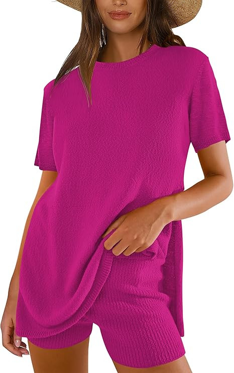 ANRABESS Women 2 Piece Outfits Summer Knit Short Sets Casual Sweater Top & Shorts Lounge Set Beac... | Amazon (US)