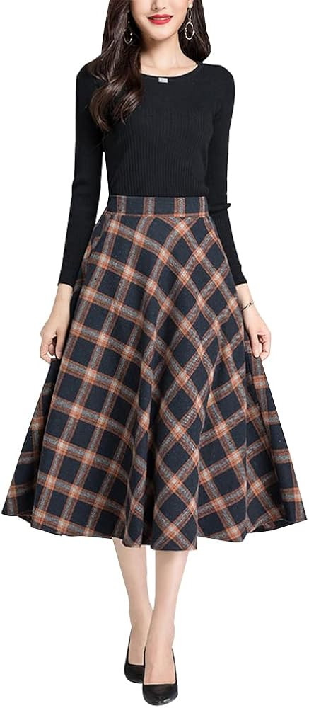 BiilyLi Jupe Longue Femme Élégant Haute Taille Rayée Carreaux Hiver Laine Chaud Midi Jupe Tail... | Amazon (FR)