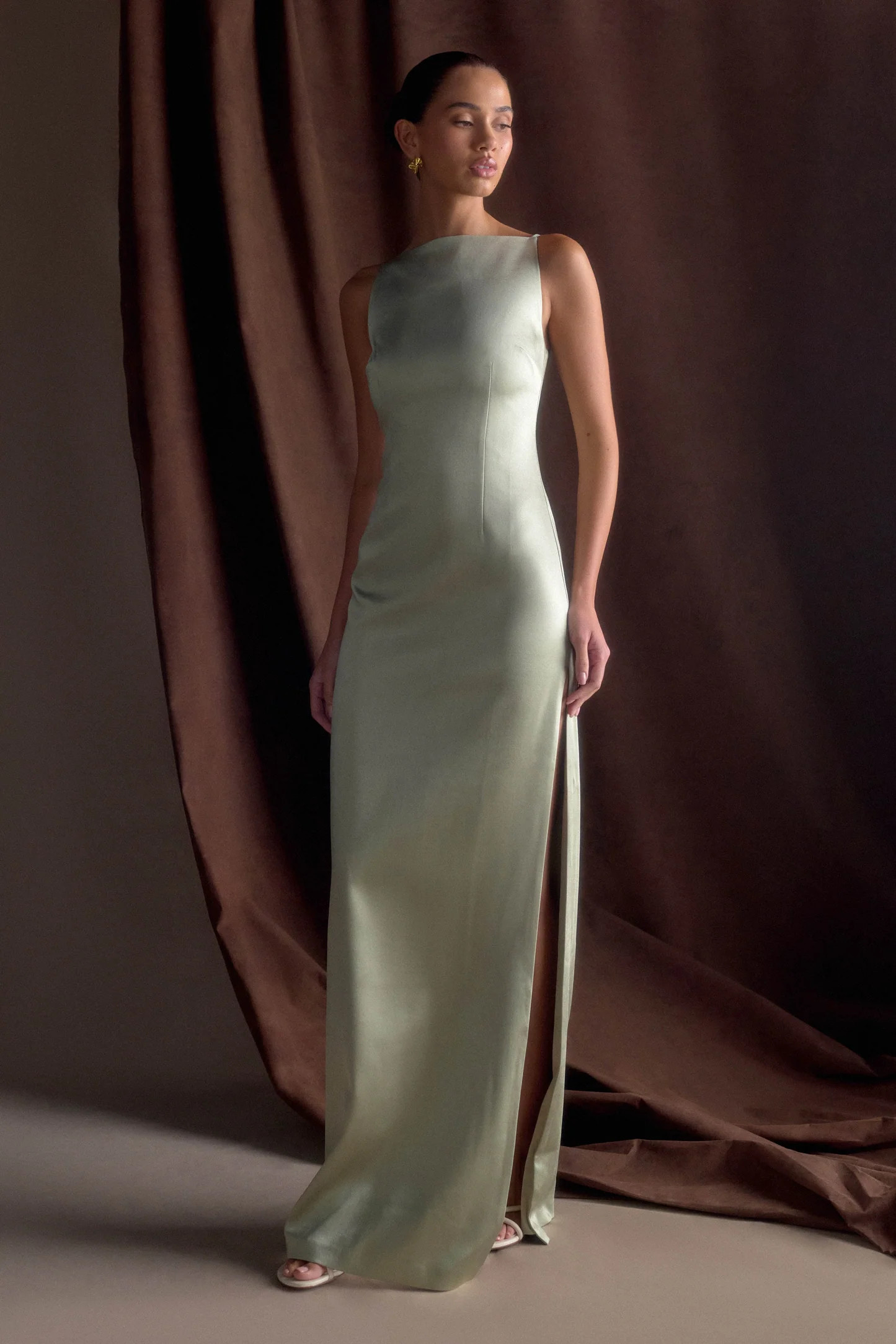 Violet Sleeveless Satin Maxi Dress - Sage | MESHKI US