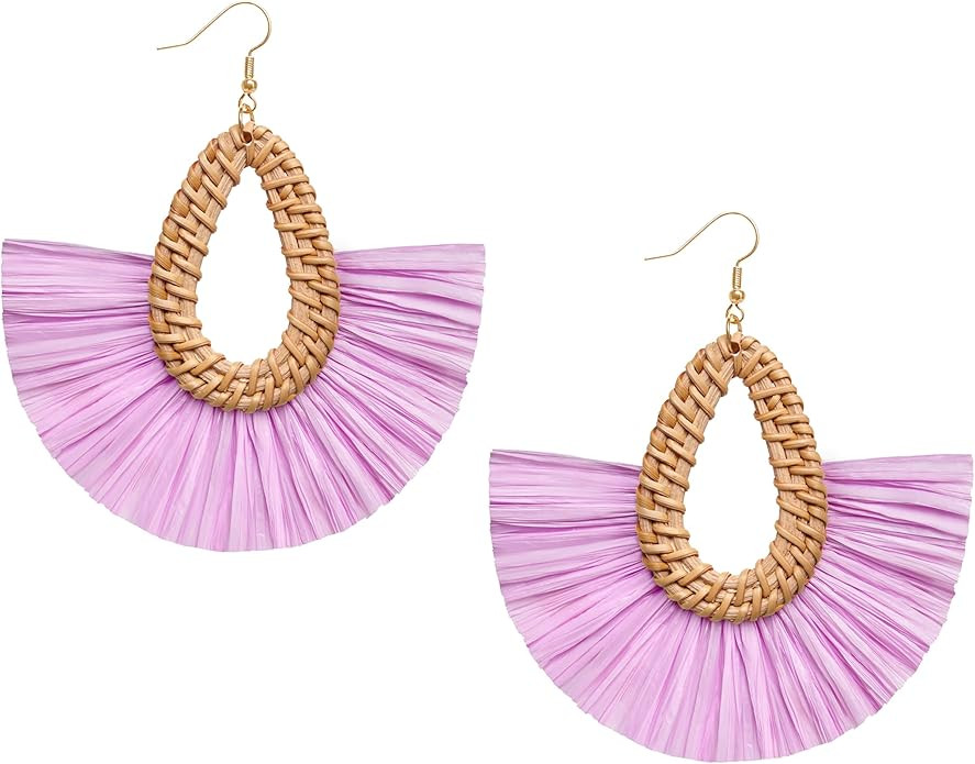 Statement Raffia Tassel Earrings Boho Summer Beach Earrings Lightweight Straw Wicker Dangle Drop ... | Amazon (US)