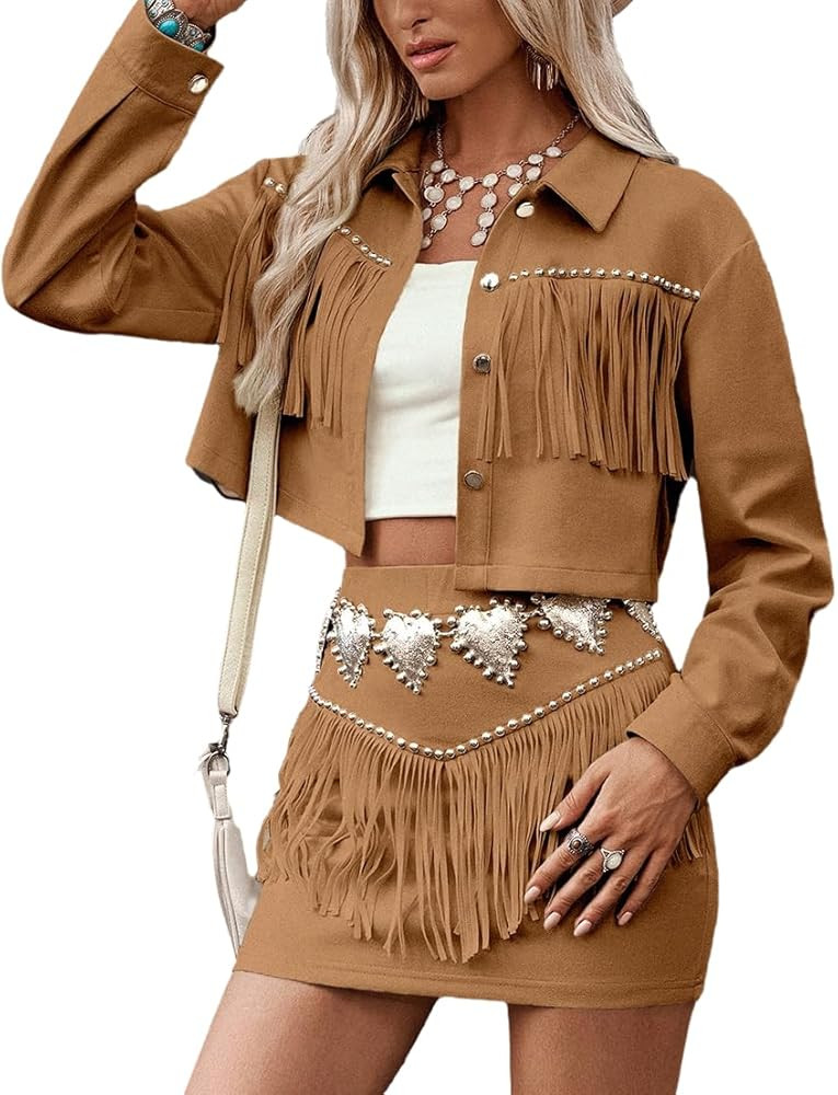 2 Piece Sets for Women Faux Suede Fringe Studded Blouse with Mini Skirts Boho Western Cowgirl Out... | Amazon (US)