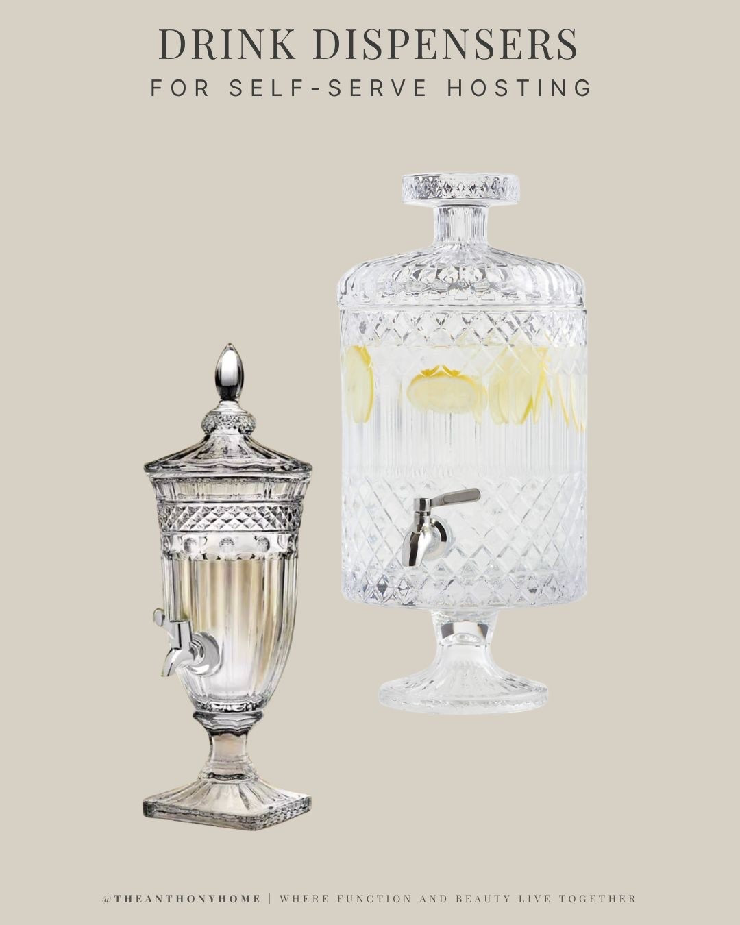 Drink dispensers for self-serve hosting, parties, showers, brunches, holidays, and backyard entertaining. These are great for water, lemonade, iced tea, infused water, mocktails, sangria, batch cocktails, punch, or any large-batch drink you want guests to serve themselves. A pretty glass drink dispenser instantly makes a drink station feel more intentional and keeps you from refilling glasses all night.