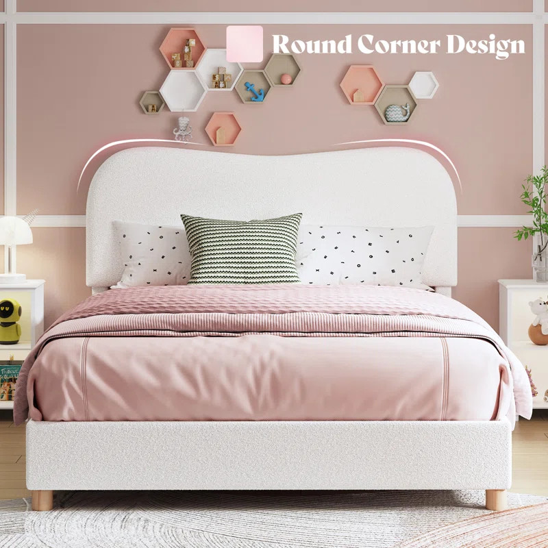 Upholstered Boucle Platform Bed with Curved Shaped Headboard & Soft Rounded Corners | Wayfair North America