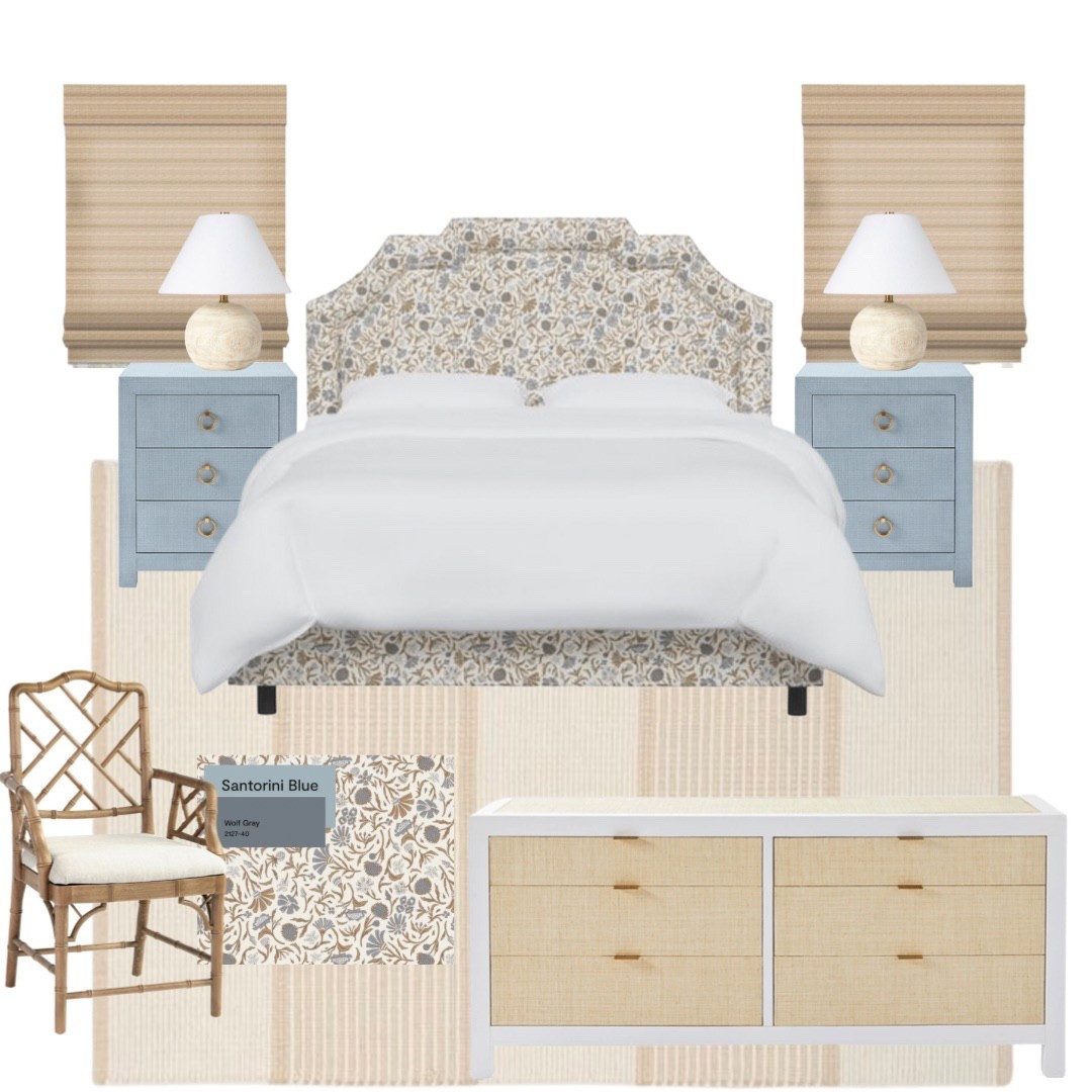 Coastal bedroom mood board ✨
Soft blues, warm neutrals, and layered textures create a timeless coastal bedroom that feels calm and elevated. I’m loving the Santorini blue nightstands, woven rattan accents, and a patterned upholstered bed for subtle visual interest. This is my go-to formula for a relaxed, designer coastal look that still feels classic.