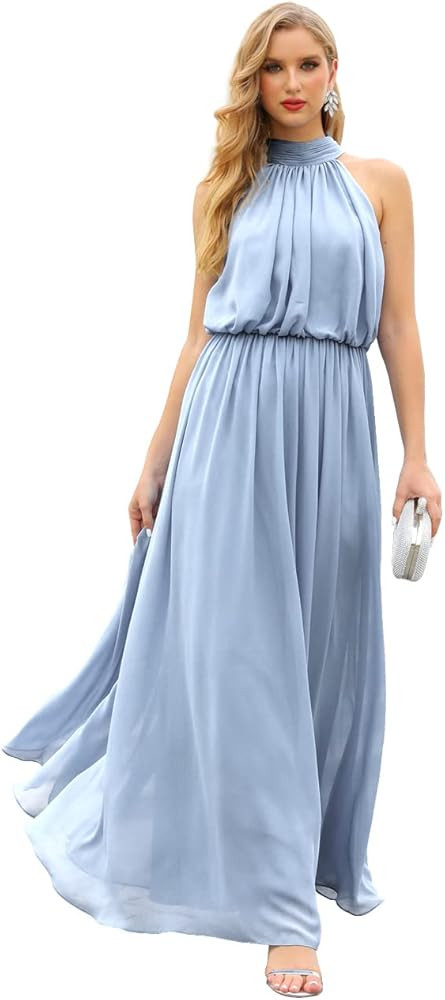 Halter Bridesmaid Dresses Long Chiffon Prom Formal Dress for Wedding Guest | Amazon (US)