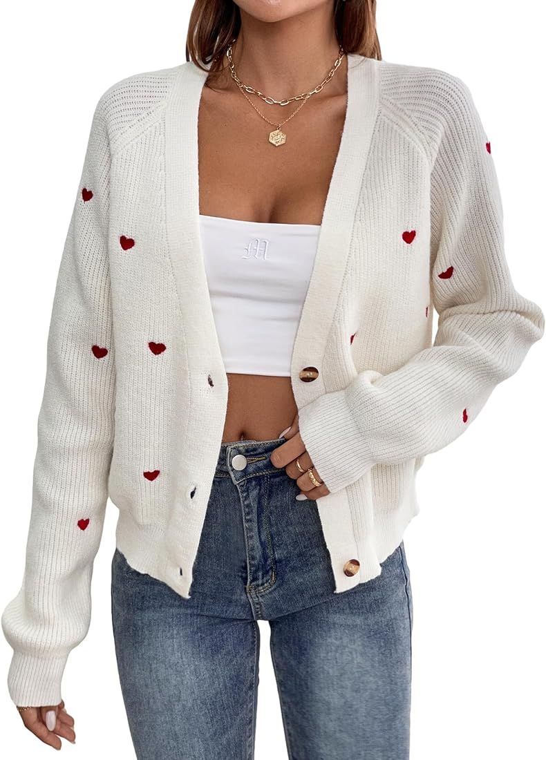 Verdusa Women's Heart Embroidery Button Front Long Sleeve Knit Cardigan Sweater | Amazon (US)
