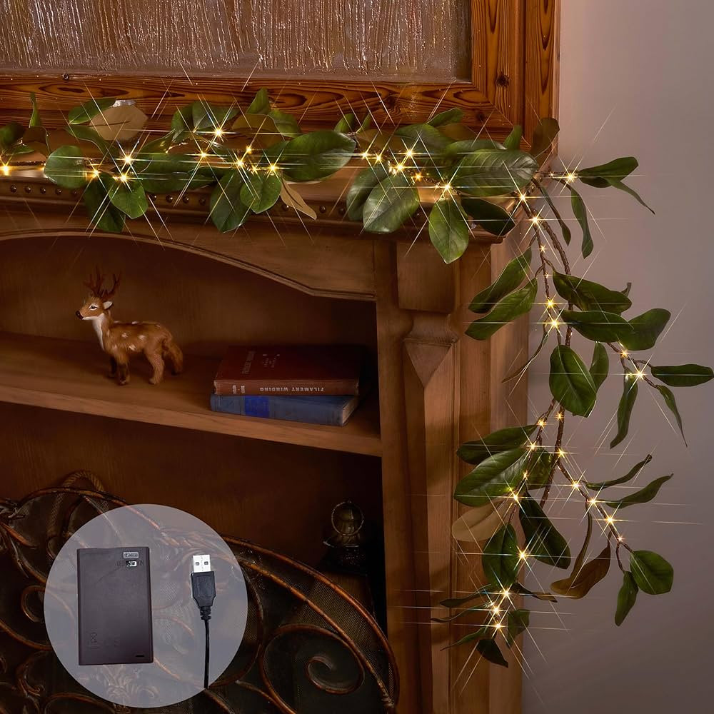 BAOLITVINE Lighted Magnolia Garland with Timer 6FT 80 LED Fairy Lights, Artificial Plant Vine Gar... | Amazon (US)