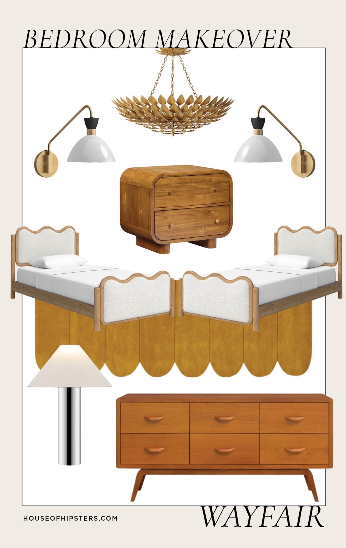Giving my childhood home bedroom a Mid-Century Modern makeover with affordable MCM vintage inspired furniture from Wayfair. 

@wayfair #wayfair #wayfairpartner 

Mood board, mood boards, MCM bedroom, 50s bedroom, 60s bedroom decor, scallop rug, gold rug, modern rug, mid-century modern bedroom, interior design, home decor, wavy headboard bed, twin bed, plug-in wall sconce, mid century modern dresser, nightstand, ceiling light, semi-flush mount light

#LTKStyleTip #LTKHome #LTKWatchNow