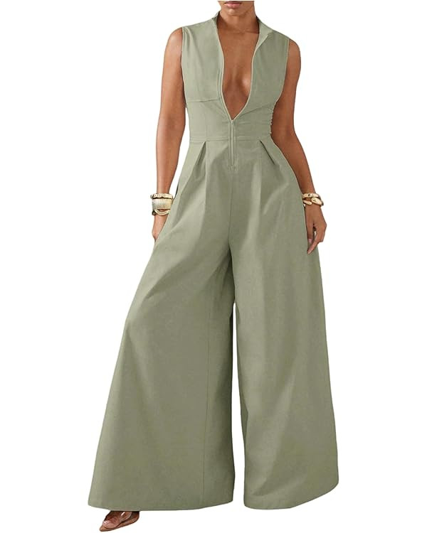 SOLY HUX Women's Zipper Front Wide Leg Jumpsuit Summer Mock Neck Sleeveless Elegant Romper | Amazon (US)