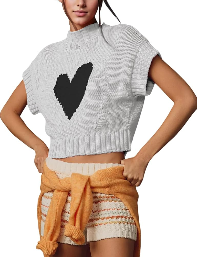 Womens Sweater Vest Mock Neck Cap Sleeve Sweater Tank Tops Cute Heart Knit Cropped Pullover Top | Amazon (US)