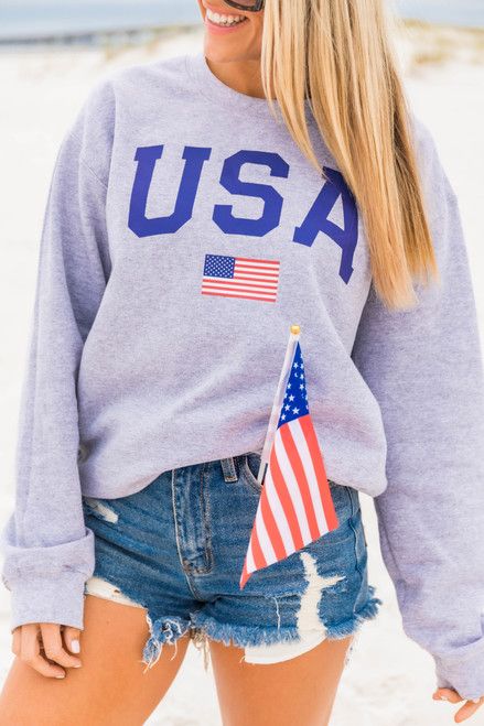Athletic USA Flag Graphic Sweatshirt Sport Grey | The Pink Lily Boutique