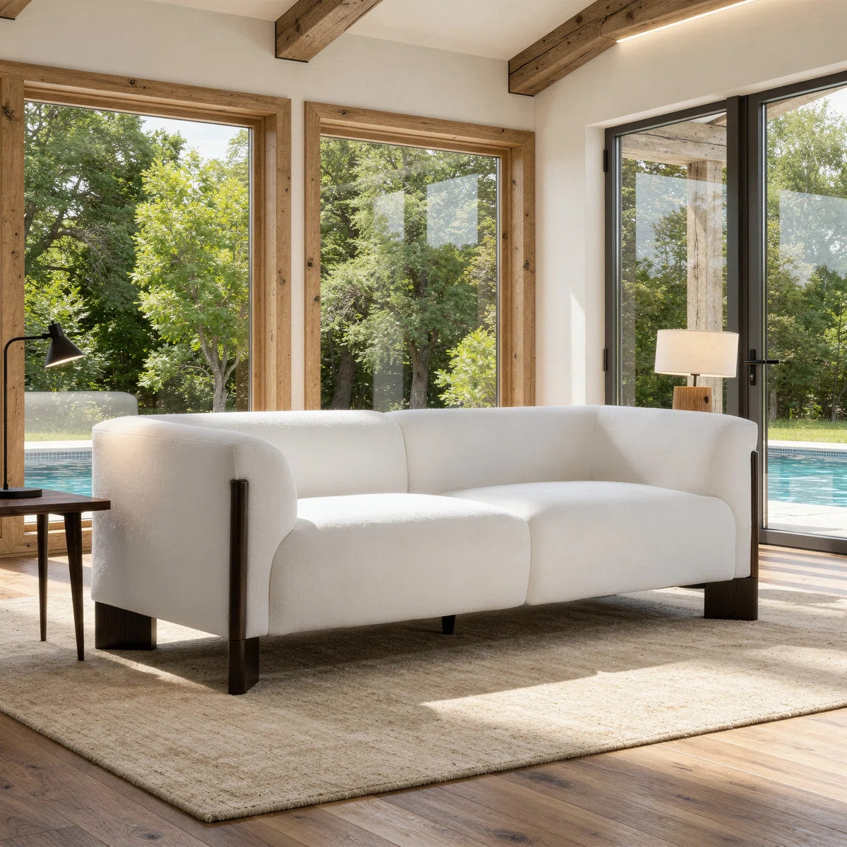 Upholstered Beige Chenille 2-Seater Modern Curved Arm Design Sofa With Solid Wood Legs | Wayfair North America