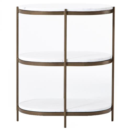Kian Mid Century White Marble Antique Brass Iron Oval Shelving Side Table | Kathy Kuo Home
