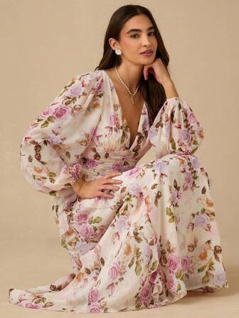Enchnt Spring/Summer Romantic Women's Apricot&Purple ROSE Print Deep V-Neck Long Sleeve Ruffled Maxi Dress,Sweet&Elegant For Vacation&Date&Holiday&Party&Graduation&Wedding Guest&Beach,Prom Dress,Summer Dresses For Women,Sun Dresses For Women,Summer Clothes, ,Elegant Dresses For Party | SHEIN