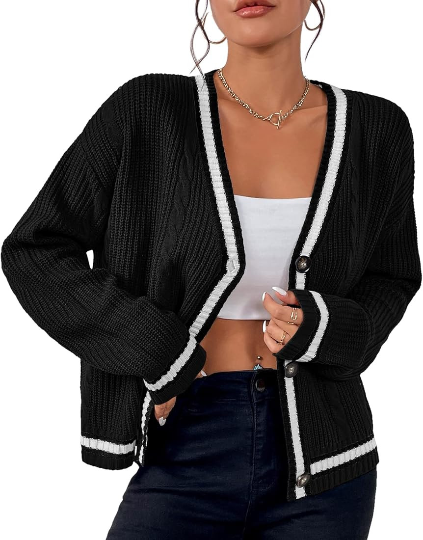 Womens Open Front Cardigan Button Down Striped Sweater Casual Loose Fitting V Neck Knit Coat | Amazon (US)