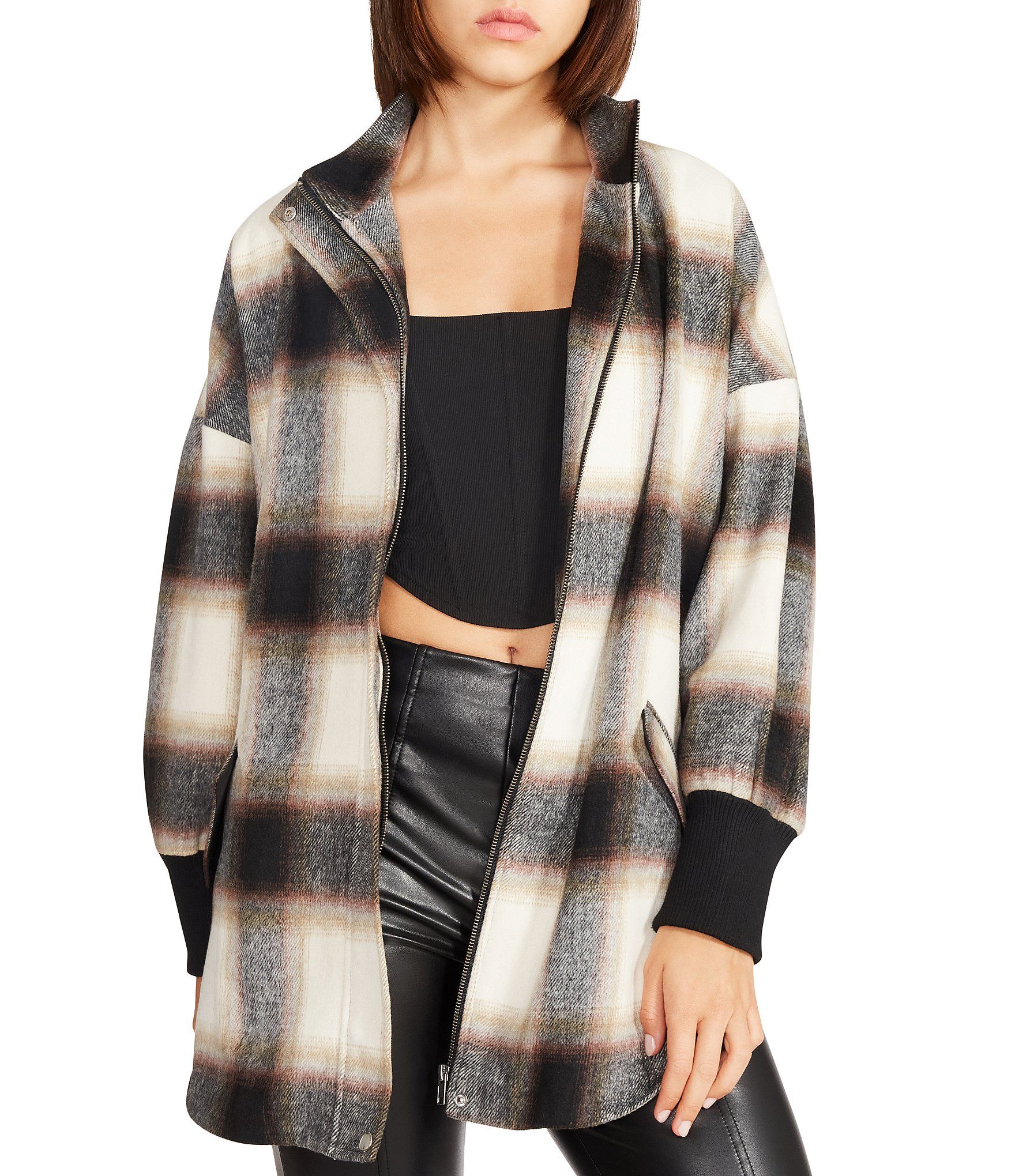 Harper Plaid Print Long Sleeve Collared Mid Thigh Side Pocketed Jacket | Dillard's