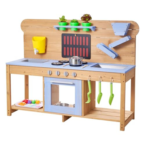 VEVOR Mud Kitchen, Outdoor Mud Kitchen for Kids, Wood Outdoor Play Kitchens with Stoves, Hooks, Double Sinks, Planting Shovels, Spatulas, Cookware Pots and Accessories, Play with Water and Sand | Amazon (US)