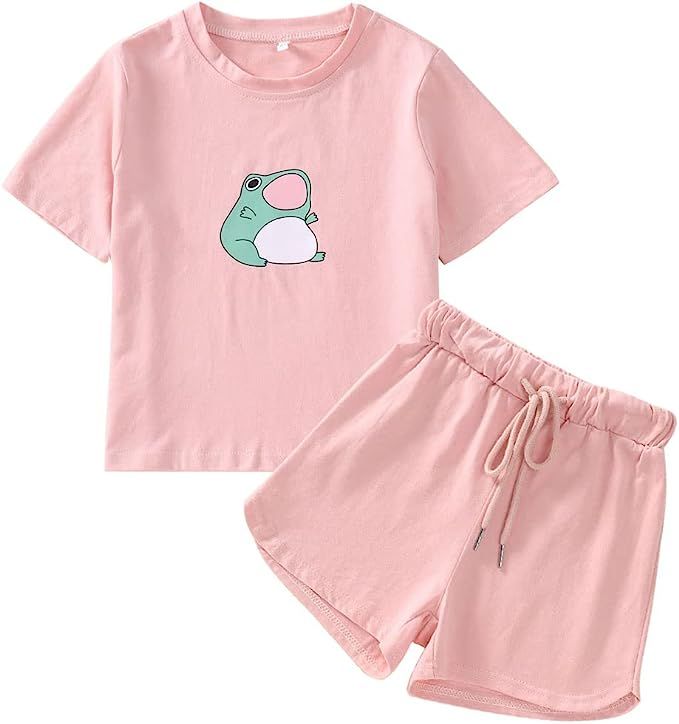 Kids Girls Summer Sport Shorts Set Cute Frog Short Sleeve T-Shirt Top Drawstring Short Outfit Tra... | Amazon (US)