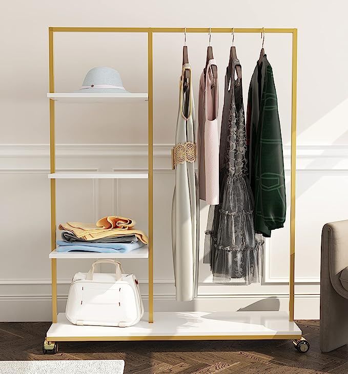 Modern Garment Rack on Wheels Gold Clothing Rack with 4- Tier Shelves Clothes Display Racks for B... | Amazon (US)