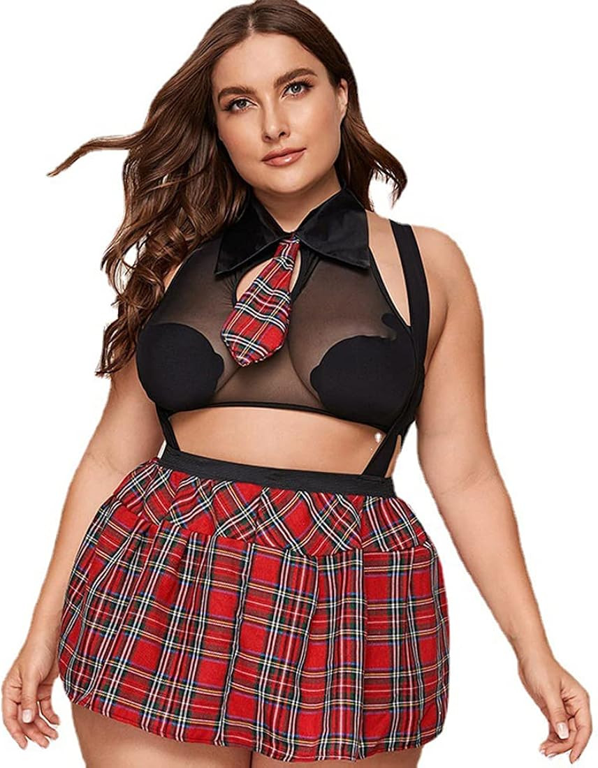 Women's Plus Size School Girl Outfit Lingerie Naughty Schoolgirl Costume Roleplay Uniform Mesh Cr... | Amazon (US)