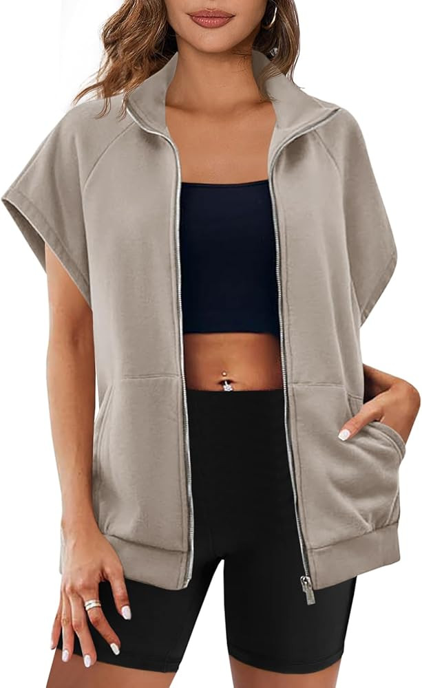 Fisoew Womens Zip Up Sweatshirts Sleeveless Oversized Casual Solid Color Sweatshirt with pockets | Amazon (US)