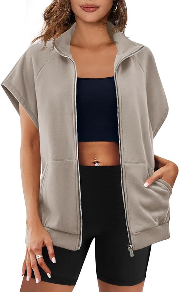 Fisoew Womens Zip Up Sweatshirts Sleeveless Oversized Casual Solid Color Sweatshirt with pockets | Amazon (US)