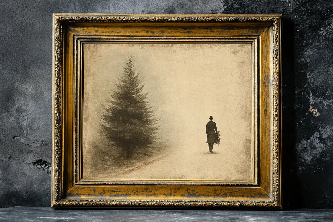 Vintage Man Carrying Christmas Tree Home Print, Dark Moody Christmas Art, Rustic Christmas Decor,... | Etsy (US)
