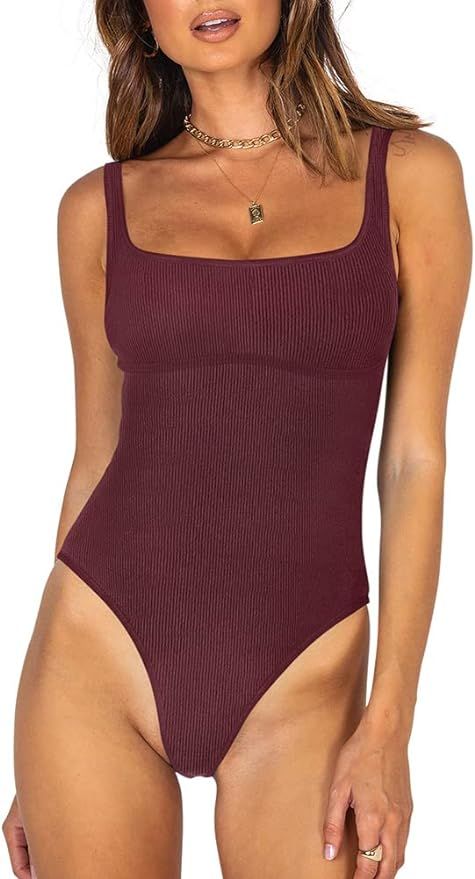 REORIA Women’s Sexy Square Neck Sleeveless Underbust Detailing Ribbed Tank Thong Bodysuits Tops | Amazon (US)