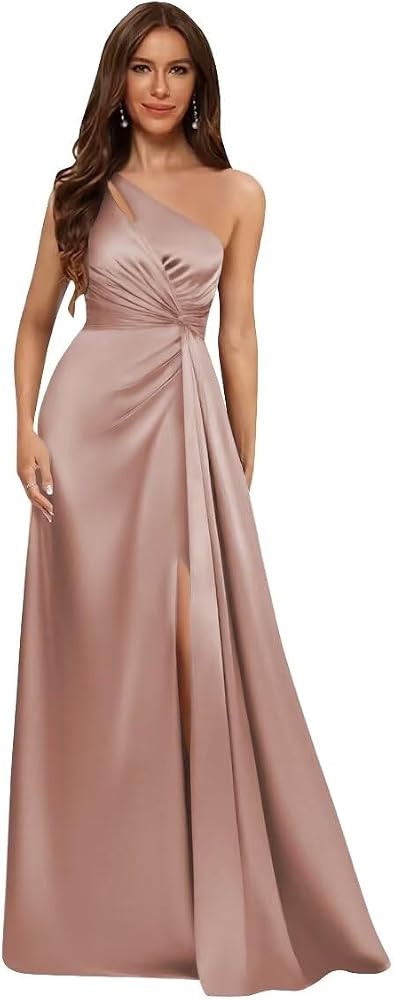 homdor One Shoulder Satin Bridesmaid Dresses Long with Slit Pleated A Line Formal Dress for Women | Amazon (US)