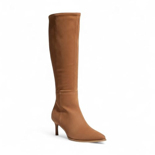 ABSOLEX Women Fashion Pointed-Toe w/Side Zipper Knee-High Kitten Heel Boots, Tan suede, 5.5 | Amazon (US)