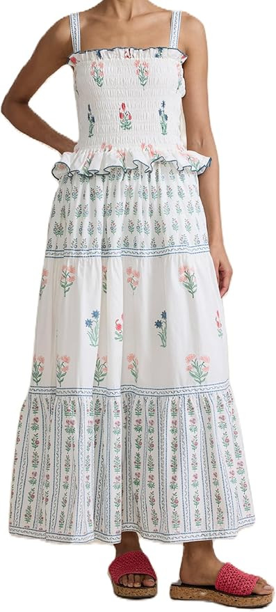 Women Sleeveless Smokced Ruffle Floral Maxi Dress Spaghetti Strap Sunflower Long Dress Boho Swing... | Amazon (US)