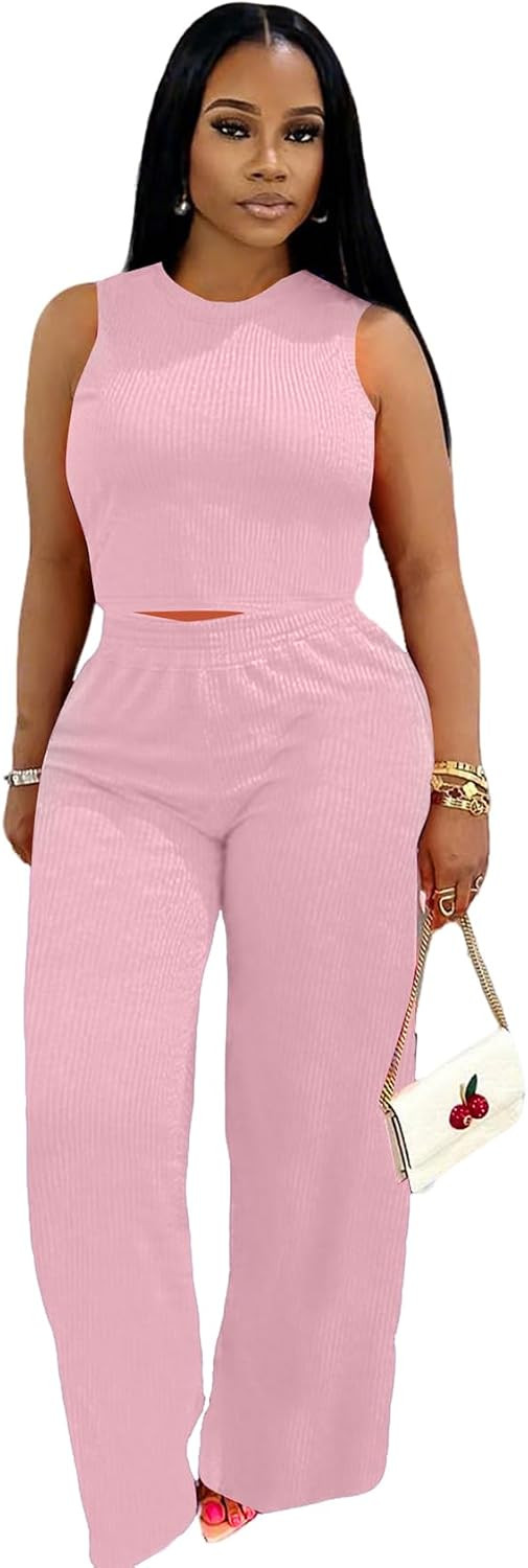 Women's Sleeveless 2 Piece Loungewear Set Soft Tank Top Wide Leg Pants Comfortable Casual Summer Outfit | Amazon (US)