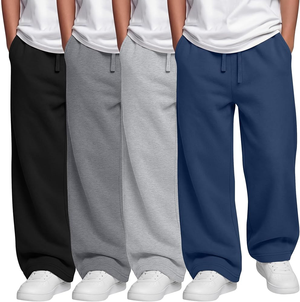 Oakgarden 4 Pack Boys Pants Straight Wide Leg Athletic Sweatpants Baggy Drawstring Lightweight Pockets Open Bottom Joggers | Amazon (US)
