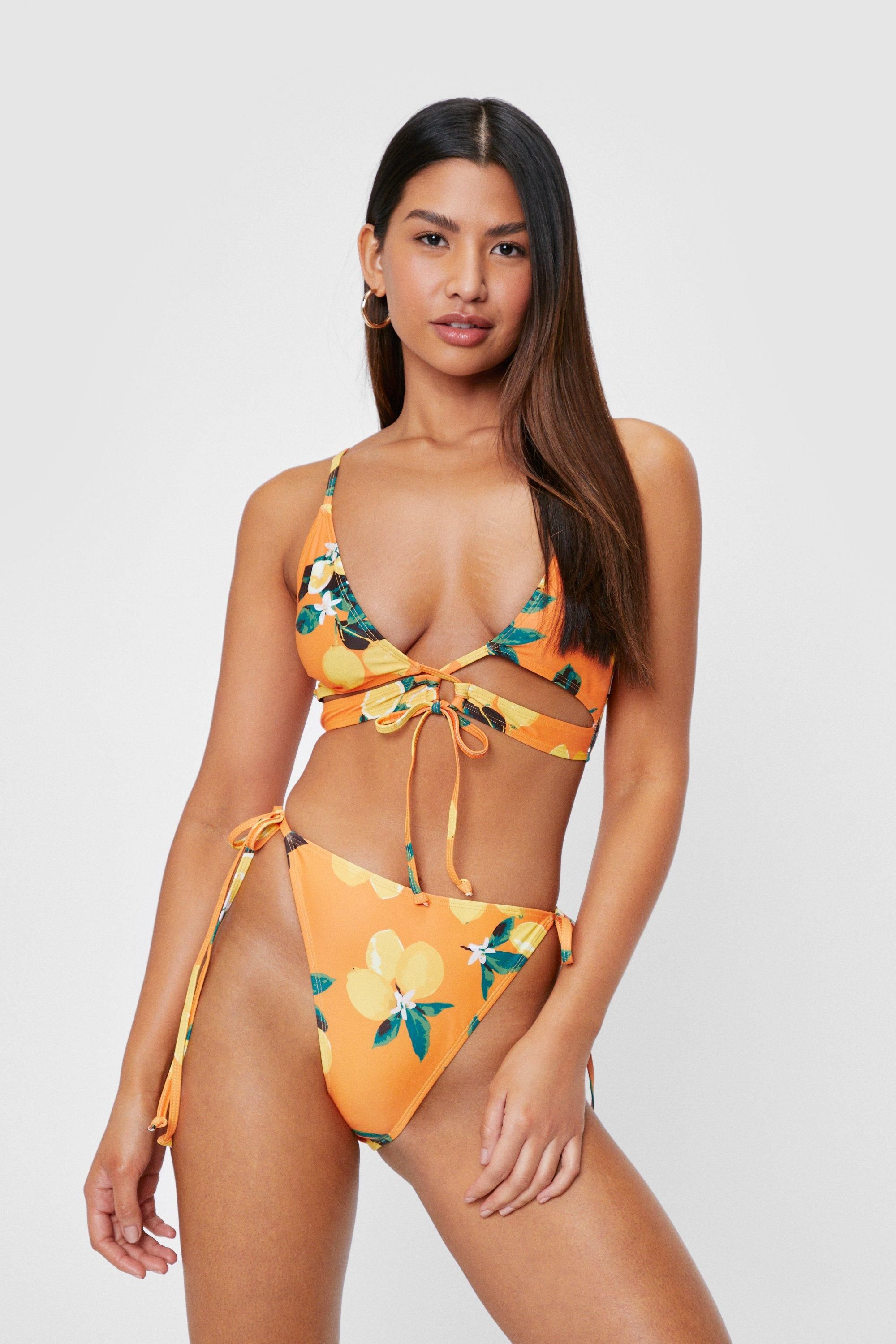 Lemon Print Strappy Tie High Leg Bikini Set | Nasty Gal (US)