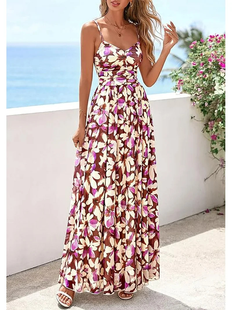 PRETTYGARDEN Women's Floral Maxi Dress Summer Outfits Spaghetti Strap Flowy Long Sundress Beach V... | Walmart (US)