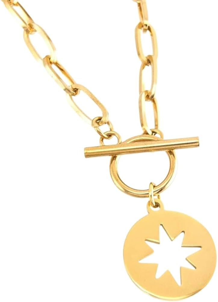 Women Long Choker Necklace Gold Color Lucky Pole Star Toggle Pendant Necklace Collares Stainless ... | Amazon (US)