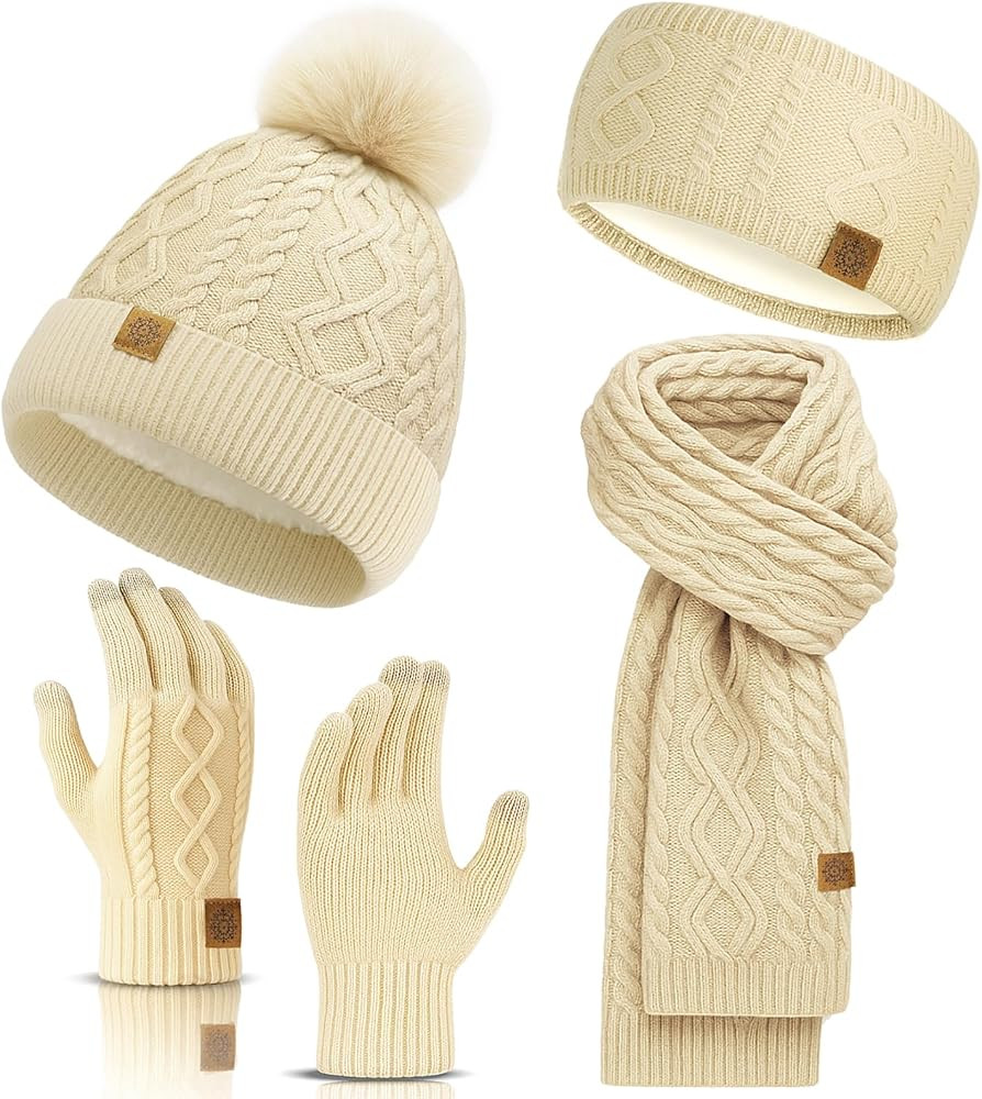 Winter Beanie Hat Scarf Gloves Headband Set – Knit Beanie, Warm Scarf, Touchscreen Gloves & Ear... | Amazon (US)