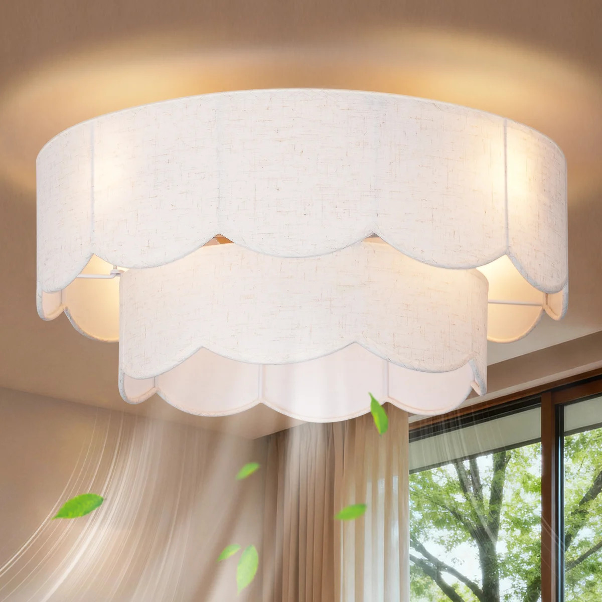 20" Beige Linen Double Tier Flush Mount Ceiling Fan Light, Scalloped Enclosed Ceiling Fan with Re... | Wayfair North America