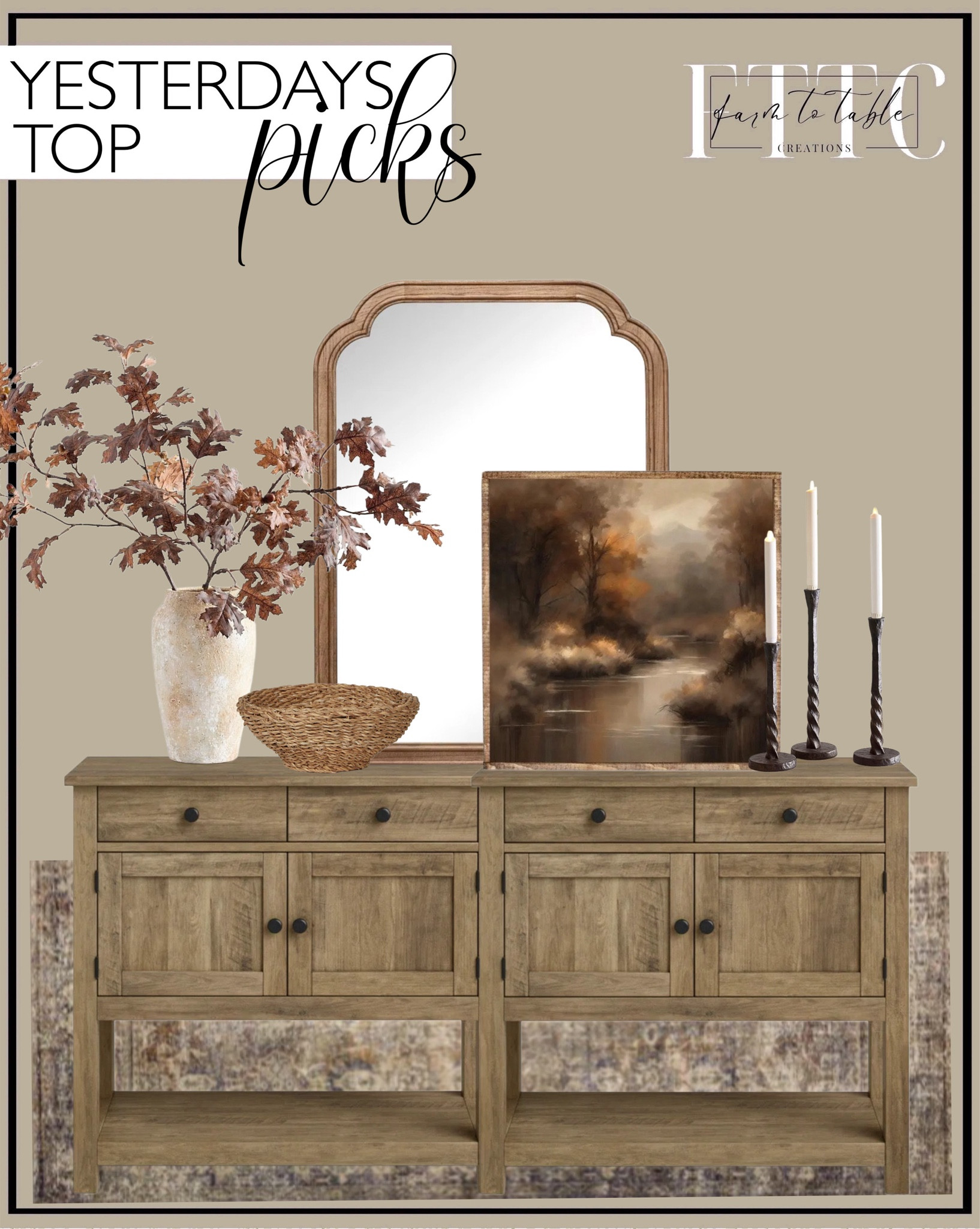 Yesterday’s Top Picks. Follow @farmtotablecreations on Instagram for more inspirational.

Garmon Console Table. Calmness of the Stream. French Country Wall Mirror - Threshold. Oak Branch with Acorns. Pottery Barn. Easton Forged Candleholders. Artisan Vase. Sofia Round Seagrass Basket. Amber interiors. Morgan Sunset/Ink Loloi Rug. 

Bedroom corner | Coffee Table Decor | Fall Decor | Fall Stem Sale | Target Finds | Skinny Bench | Bedroom | Living Room | Breakfast Nook | Amazon Home | Target Sale | Loloi Rugs | Magnolia Home | console table | console table styling | faux stems | entryway space | home decor finds | neutral decor | entryway decor | cozy home | affordable decor |  home decor | home inspiration | fall stems | fall console | spring vignette | fall decor | fall decorations | console styling | entryway rug | cozy moody home | moody decor | neutral home



#LTKSaleAlert #LTKFindsUnder50 #LTKHome