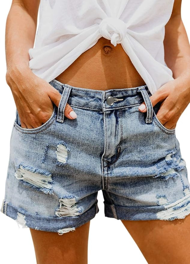Sidefeel Women Casual Frayed Destroy Bermuda Denim Ripped Short Jeans | Amazon (US)